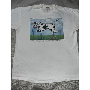 Vintage White T Shirt XL Cow Funny Anvil 90s USA Some Staining